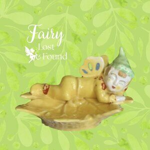 MK Vintage Yellow Fairy Elf Pixie Gnome in a Leaf Trinket Dish